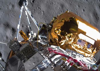 A handout from Intuitive Machines on February 27, 2024, shows its Odysseus probe just above the lunar surface, before landing. ©AFP