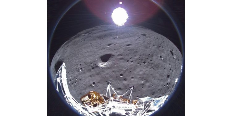 The photograph "showcases the crescent Earth in the backdrop, a subtle reminder of humanity's presence in the universe," said Intuitive Machines, which also achieved the first lunar touchdown by an American spaceship since the Apollo era. ©AFP