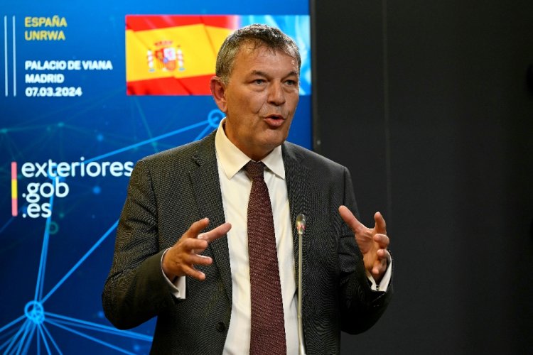 UN Palestinian refugee aid agency (UNRWA) chief Philippe Lazzarini speaks in Madrid on March 7, 2024 / ©AFP