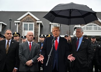 Former US president Donald Trump speaks to the press after attending the wake for New York Police Department (NYPD) Officer Jonathan Diller in Massapequa, Long Island, New York, on March 28, 2024 / ©AFP