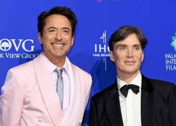 Oppenheimer stars Cillian Murphy (R) Robert Downey Jr. are contenders for the Academy Awards Sunday. ©AFP