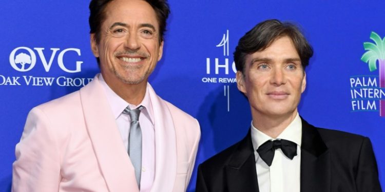 Oppenheimer stars Cillian Murphy (R) Robert Downey Jr. are contenders for the Academy Awards Sunday. ©AFP