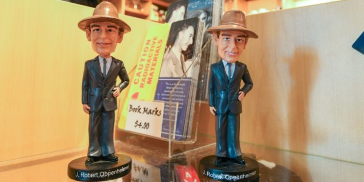 A Los Alamos tourist shop sells bobbleheads of J. Robert Oppenheimer, who is referred to around town by his affectionate nickname 'Oppie'. ©AFP