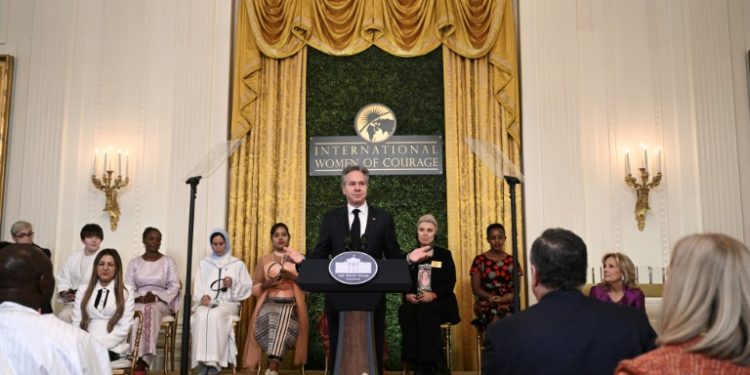 US Secretary of State Antony Blinken speaks during the International Women of Courage awards ceremony at the White House . ©AFP