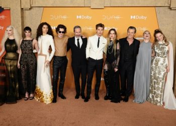 Attending the February 25 New York premiere of 'Dune: Part Two' are -- (L-R) Anya Taylor-Joy, Souheila Yacoub, Zendaya, Timothee Chalamet, director Denis Villeneuve, Austin Butler, Rebecca Ferguson, Josh Brolin, Florence Pugh and Lea Seydoux. ©AFP