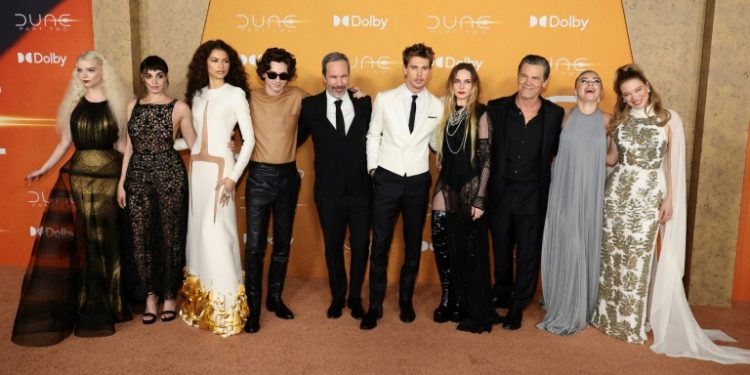 Attending the February 25 New York premiere of 'Dune: Part Two' are -- (L-R) Anya Taylor-Joy, Souheila Yacoub, Zendaya, Timothee Chalamet, director Denis Villeneuve, Austin Butler, Rebecca Ferguson, Josh Brolin, Florence Pugh and Lea Seydoux. ©AFP