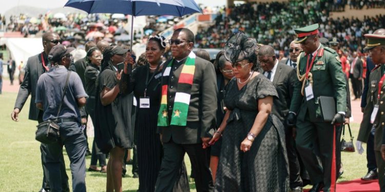 Zimbabwe President Emmerson Mnangagwa arrives at the Independence Stadium in Windhoek, Namibia in February 2024 for the memorial service of late president Hage Geingob. ©AFP