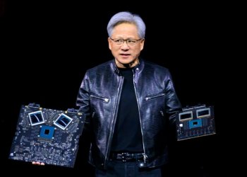 NVIDIA CEO Jensen Huang says chips powering artificial intelligence in datacenters have become systems containing tens of thousands if not hundrends of thousands of parts, many made in China. ©AFP