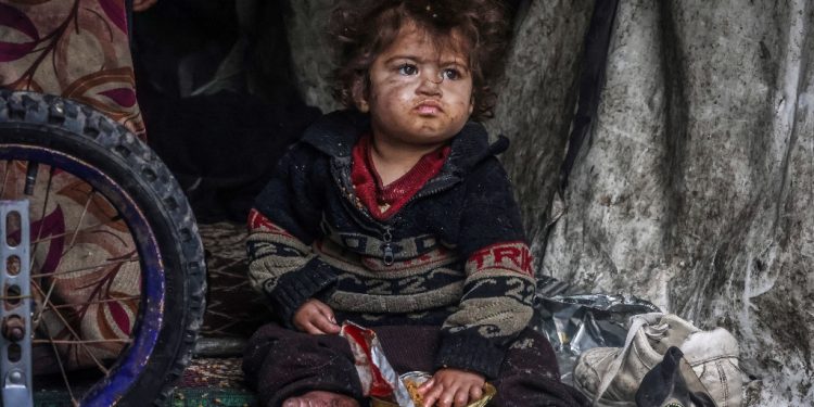 A displaced Palestinian child eats food from a box while sitting in a makeshift tent at a camp beside a street in Rafah / ©AFP