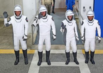 Crew-7 (From L) Roscosmos cosmonaut Konstantin Borisov, ESA's Andreas Mogensen, NASA's Jasmin Moghbeli, and JAXA astronaut Satoshi Furukawa. ©AFP