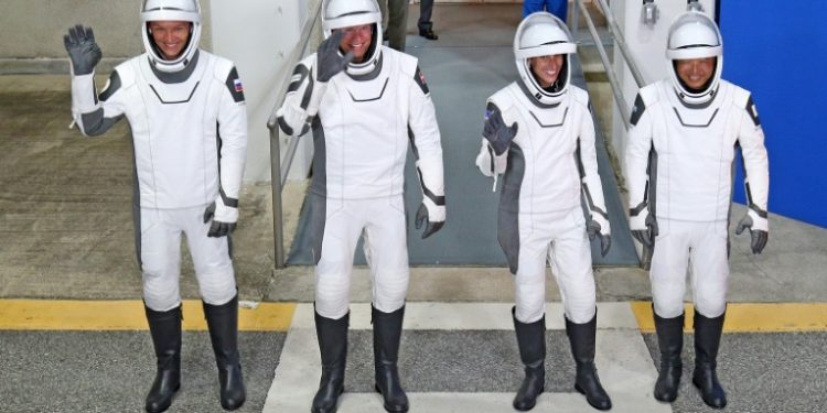 (From L) Roscosmos cosmonaut Konstantin Borisov, European Space Agency astronaut Andreas Mogensen, NASA astronaut Jasmin Moghbeli, and Japan Aerospace Exploration Agency astronaut Satoshi Furukawa -- the crew of NASA's SpaceX Crew-7 mission. ©AFP