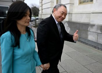 Taiwan's new de facto ambassador to the US, Alexander Tah-ray Yui, and his wife Karen Lo arrive to meet with lawmakers at the US Capitol. ©AFP