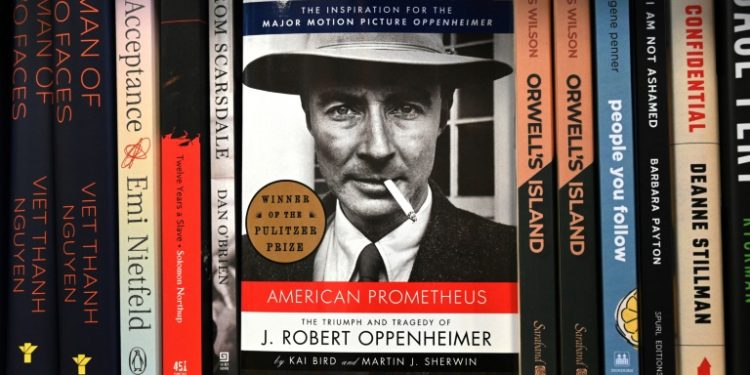 The book "American Prometheus: The Triumph and Tragedy of J. Robert Oppenheimer" by Kai Bird and Martin J. Sherwin, the basis for the global smash hit movie set to dominate the Oscars this weekend. ©AFP