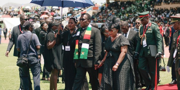 Zimbabwe President Emmerson Mnangagwa arrives at the Independence Stadium in Windhoek, Namibia in February 2024 for the memorial service of late president Hage Geingob / ©AFP