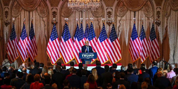 Former US President and 2024 presidential hopeful Donald Trump speaks during a Super Tuesday election night watch party at Mar-a-Lago Club in Palm Beach, Florida, on March 5, 2024.  / ©AFP