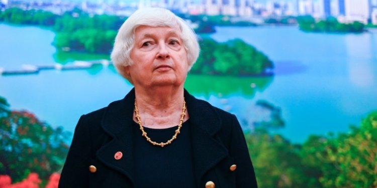 US Treasury Secretary Janet Yellen attends a gaggle with media after meeting with Chinese counterpart He Lifeng in Guangzhou. ©AFP