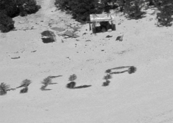 The 'HELP' sign made with palm fronds by three mariners stranded on a remote island in Micronesia is seen in an image obtained from the US Coast Guard. ©AFP