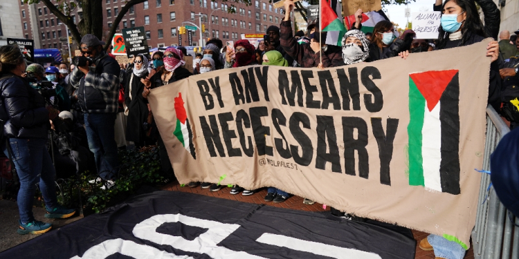 Demonstrators rally at an All out for Gaza protest at Columbia University in New York in November / ©AFP