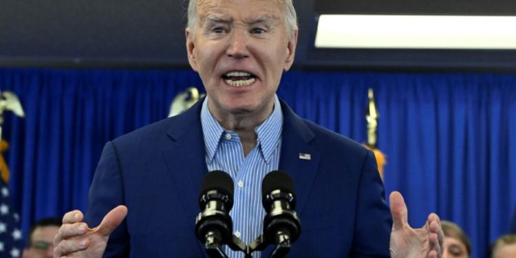 US President Joe Biden speaks during an event at the United Steelworkers Headquarters in Pittsburgh, Pennsylvania, on April 17, 2024. Biden is urging a tripling of tariffs on Chinese steel and aluminum, citing "unfair competition" while seeking to win blue-collar votes in November's election.. ©AFP