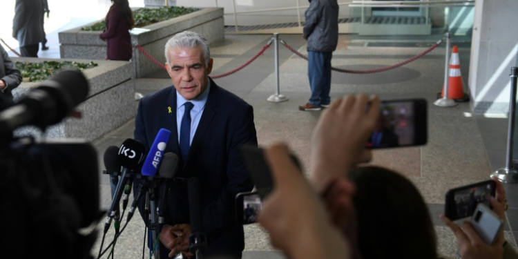 Israeli opposition leader Yair Lapid speaks to reporters after meeting with US Secretary of State Antony Blinken at the State Department . ©AFP