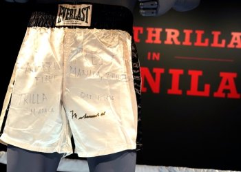 The shorts worn by Muhammad Ali in his 'Thrilla in Manilla' match are also signed by the boxing legend. ©AFP