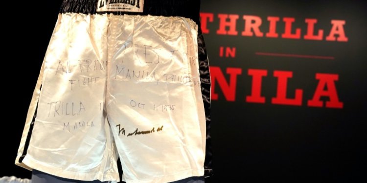 The shorts worn by Muhammad Ali in his 'Thrilla in Manilla' match are also signed by the boxing legend. ©AFP