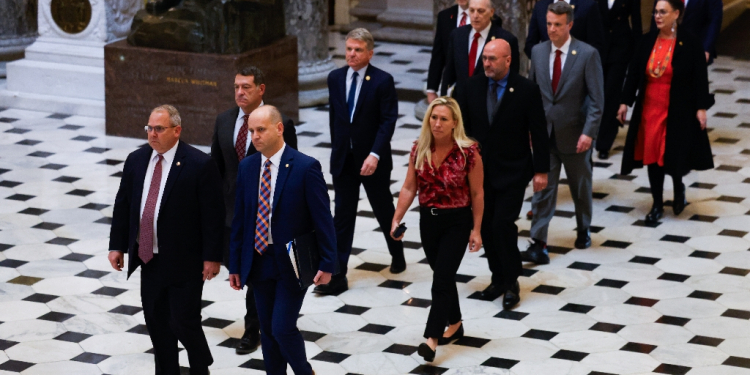 US House impeachment managers deliver articles of impeachment for US Homeland Security Secretary Alejandro Mayorkas to the US Senate at the US Capitol / ©AFP