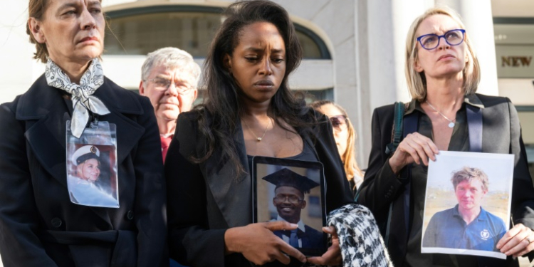 Catherine Berthet (L) and Naoise Ryan (R) join relatives of people killed in the Ethiopian Airlines Flight 302 Boeing 737 MAX crash at a press conference in Washington, DC, April 24, 2024. ©AFP