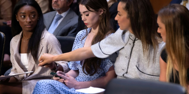 US Olympic gymnasts (L-R) Simone Biles, McKayla Maroney,  Aly Raisman and Maggie Nichols, appeared at a Senate Judiciary hearing about the Inspector General's report on the FBI handling of Larry Nassar. ©AFP