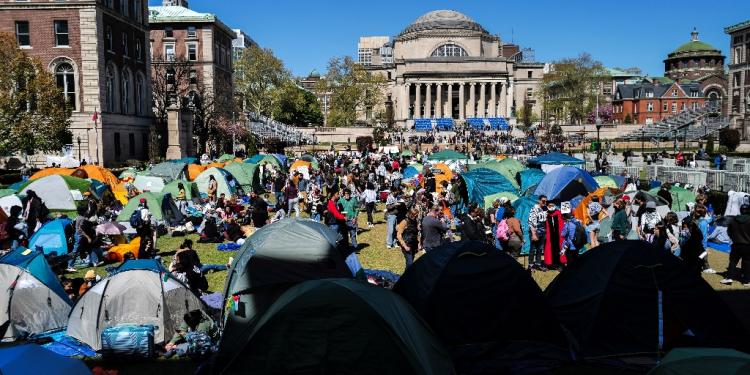 People rally on the campus of Columbia University which is occupied by pro-Palestinian protesters in New York on April 22, 2024 / ©AFP