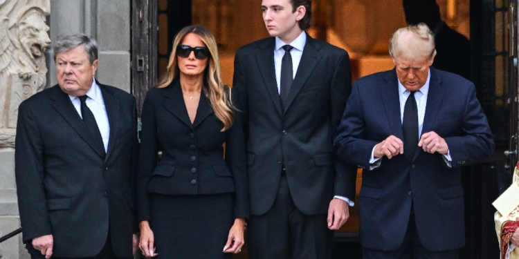 Barron Trump (2nd from right) is seen with his parents and grandfather in Palm Beach, Florida, in January 2024 during his grandmother's funeral / ©AFP