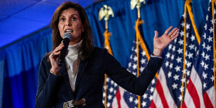 Former US presidential hopeful and former UN Ambassador Nikki Haley speaks during a campaign rally in Portland, Maine in March 2024 / ©AFP