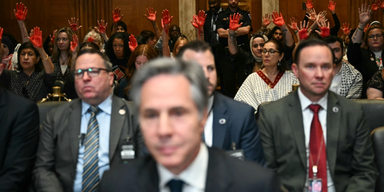 Pro-Palestinian demonstrators hold up painted hands in protest as US Secretary of State Antony Blinken testifies before a Senate Appropriations subcommittee  / ©AFP