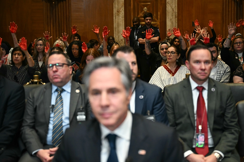 Pro-Palestinian demonstrators hold up painted hands in protest as US Secretary of State Antony Blinken testifies before a Senate Appropriations subcommittee  / ©AFP