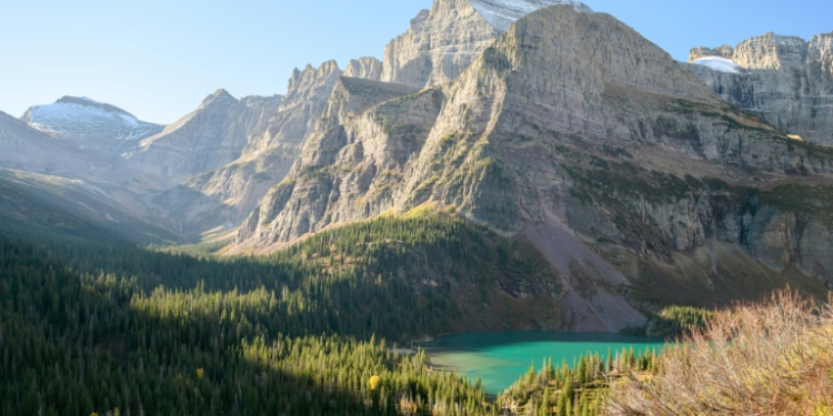 The turquoise water of Grinnell Lake is bathed in sunlight in Glacier National Park, Montana -- but the Grinnell Glacier is melting. ©AFP