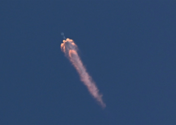 The EarthCARE satellite on a SpaceX Falcon 9 rocket is seen after launching from Vandenberg Space Force base in Lompoc, California. ©AFP