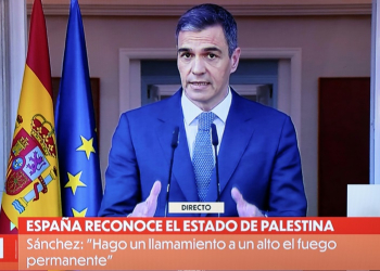 Spanish Prime Minister Pedro Sanchez delivered a televised speech over the recognition of Palestinian statehood. ©AFP