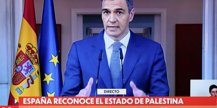 Spanish Prime Minister Pedro Sanchez delivered a televised speech over the recognition of Palestinian statehood. ©AFP