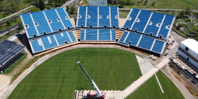 Final touches are being put on the Nassau County International Cricket Stadium, a temporary 34,000-seat facility in East Meadow, New York as the United States co-hosts cricket's T20 World Cup, a historic first for the country / ©AFP