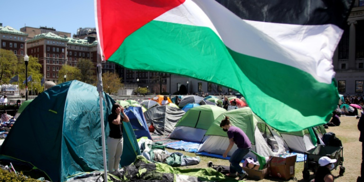 Pro-Palestinian protesters are seen at the now-dismantled encampment at Columbia University in April 2024. ©AFP