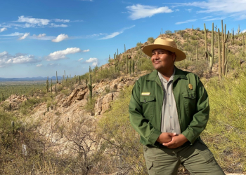 Raeshaun Ramon, ranger at Saguaro National Park, is proud to be the first member of his Native American community to work at the Arizona park. ©AFP