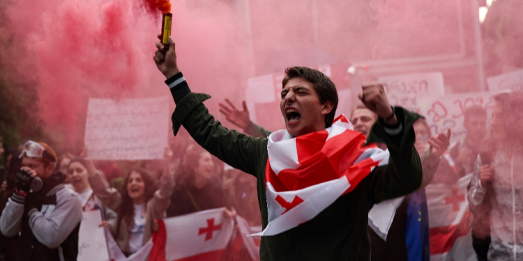 Georgian students stage a march to protest the controversial foreign influence bill in Tbilisi on May 13, 2024 / ©AFP