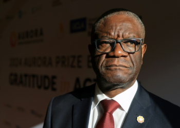 Congolese gynecologist Denis Mukwege poses for a portrait at the UCLA Luskin Conference Center in Los Angeles, California on May 9, 2024, where he was awarded the 2024 "Aurora Prize for Awakening Humanity. ©AFP