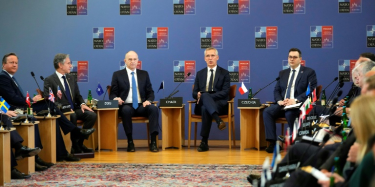 NATO Secretary General Jens Stoltenberg chairs a meeting of NATO foreign ministers at the Czernin Palace in Prague. ©AFP