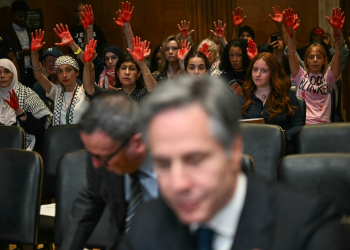 Pro-Palestinian demonstrators hold up painted hands in protest as US Secretary of State Antony Blinken testifies before a Senate Appropriations subcommittee  / ©AFP