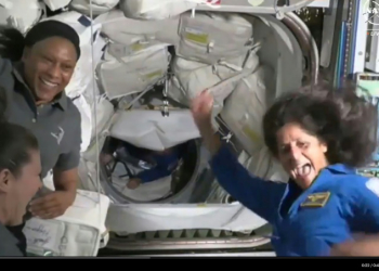 Astronaut Suni Williams, seen on the right, performed a short dance to celebrate her third arrival on the ISS. ©AFP