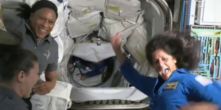 Astronaut Suni Williams, seen on the right, performed a short dance to celebrate her third arrival on the ISS. ©AFP