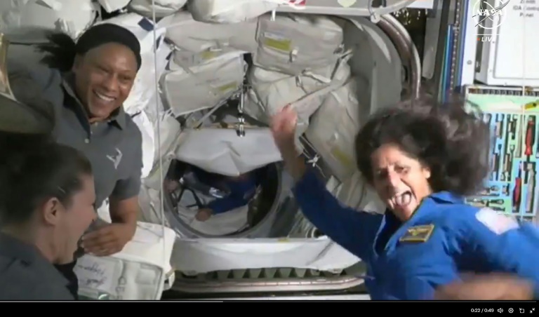 Astronaut Suni Williams, seen on the right, performed a short dance to celebrate her third arrival on the ISS. ©AFP