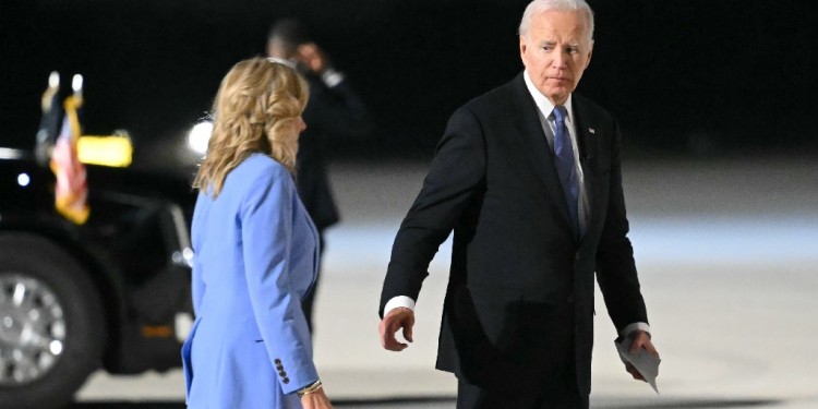 US President Joe Biden, pictured with First Lady Jill Biden, after the debate on June 27, 2024, said he thought he had performed 'well' / ©AFP