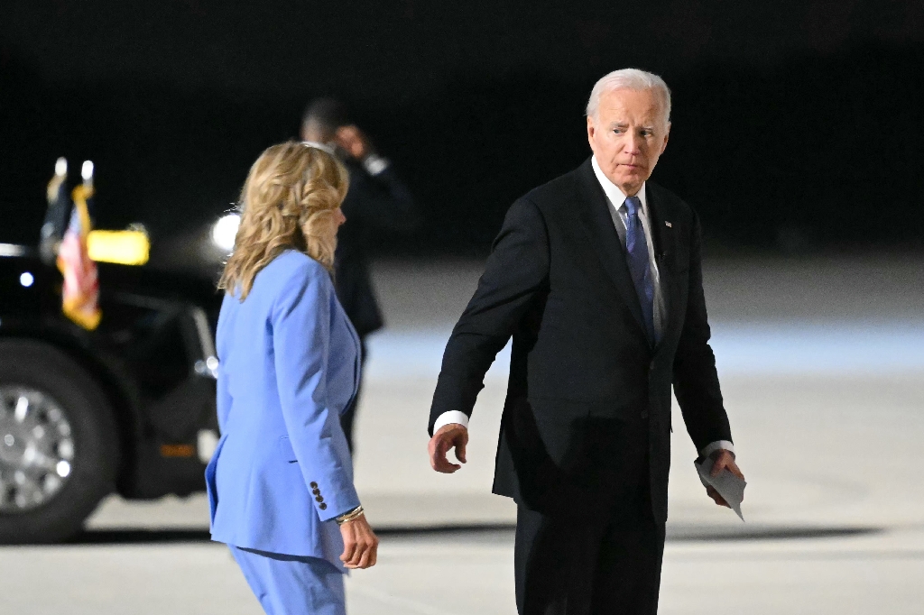 US President Joe Biden, pictured with First Lady Jill Biden, after the debate on June 27, 2024, said he thought he had performed 'well' / ©AFP